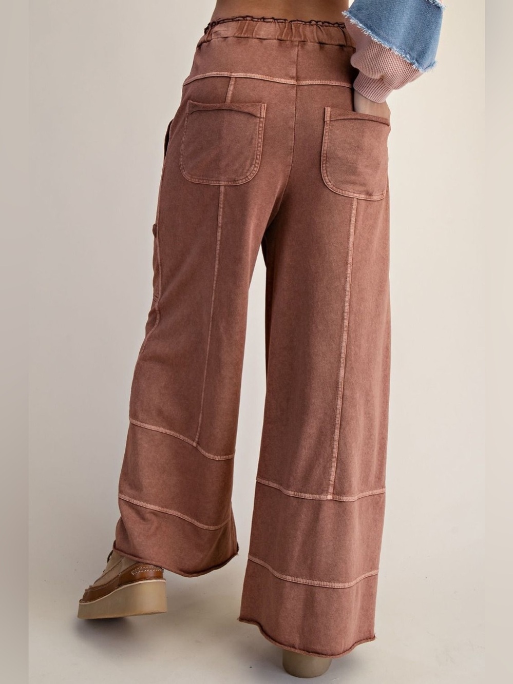 Easel Lazy Days Mineral Washed Wide Leg Pants in Mocha Brown EB41308 - Picture 4 of 4